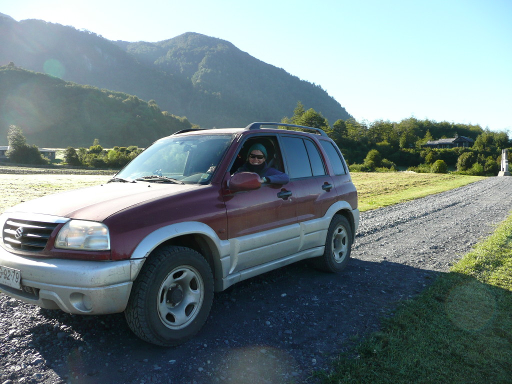 Julia in 4wd mode with special cold weather hat, sponsored by Una