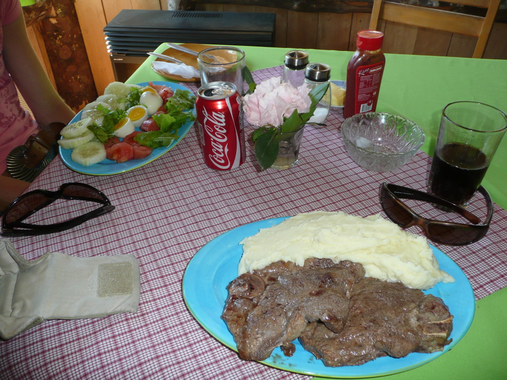 Fine dining in Chile, potato puree and two steaks of a 55-year old cow fried for about 45 minutes. Looking at Julia's plate, I wished I was vegetarian as well!