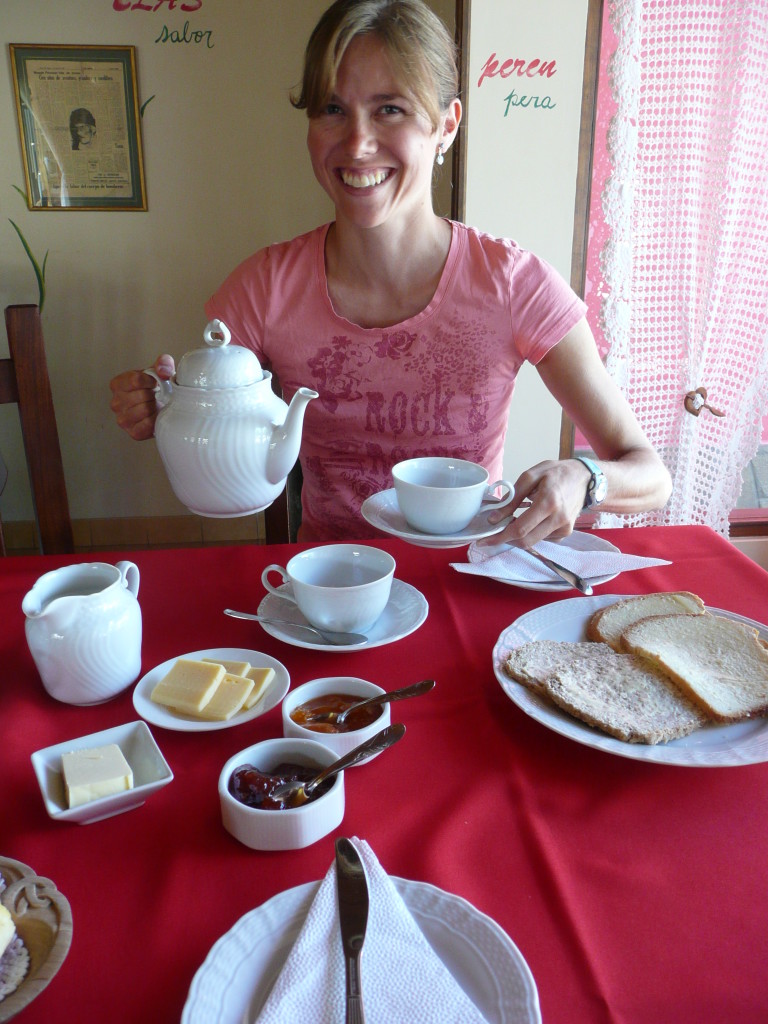 Julia in her element, drinking posh tea