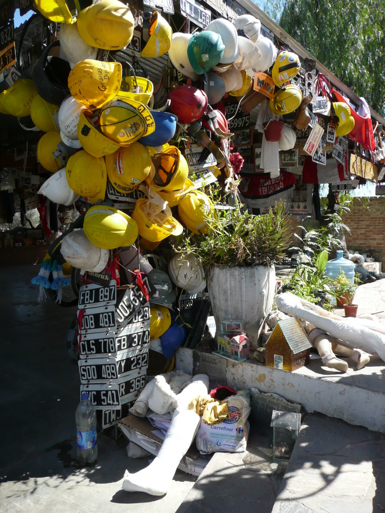 Hard hats, leg casts, these were just some of the random offerings we saw at the shrine.