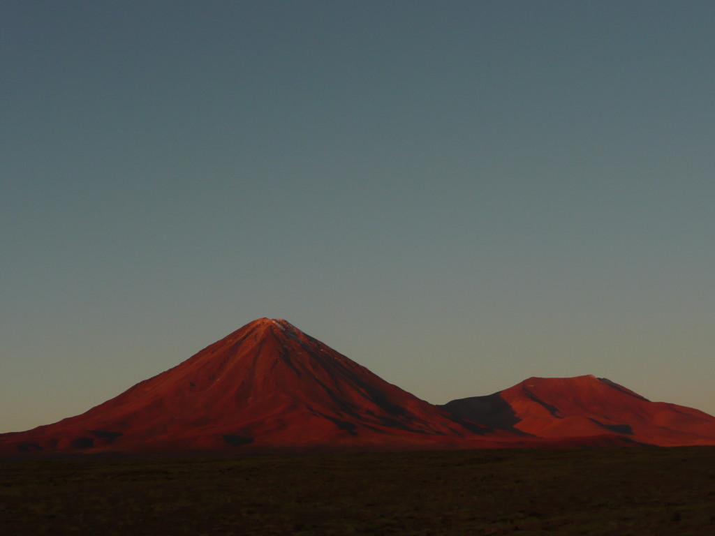 Setting up camp in the Atacama Desert in the shadow of beautiful Licancabur volcano.
