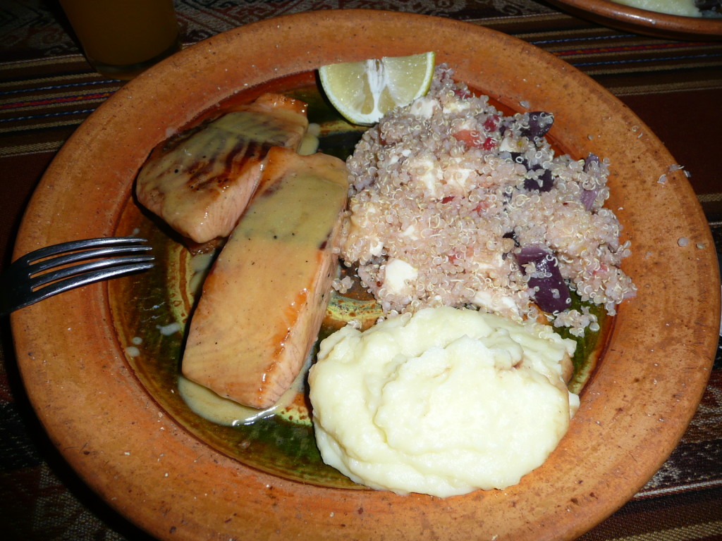 Salmon with northern salad and mashed potatoes.