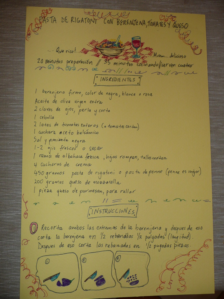 An example of one of my last homeworks (aka tarea in Spanish). Here we'd just gone over commands which you can use for when you want to give people tips/reccomendations or for writing recipes. Here is my favourite eggplant patsa recipe in Spanish.