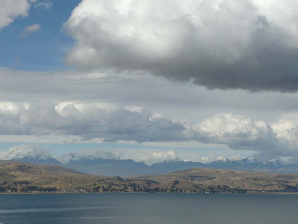 Lake Titicaca with Cordillera Real and its snow capped mountains