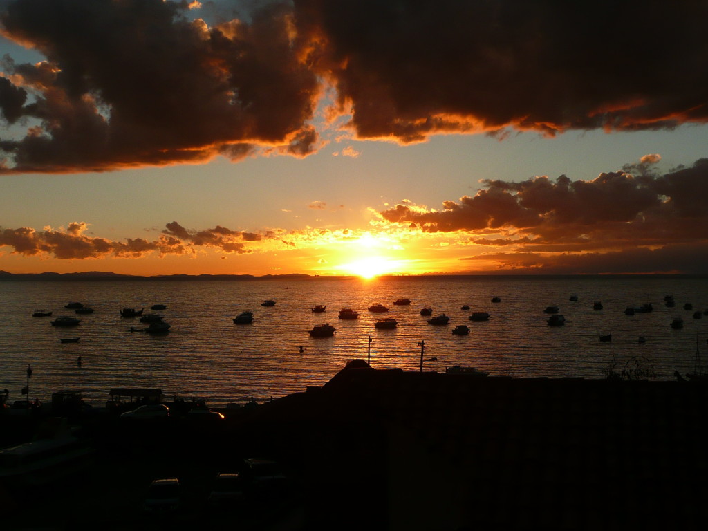 Sunset from the balcony of the hotel, looking out over Lake Titicaca