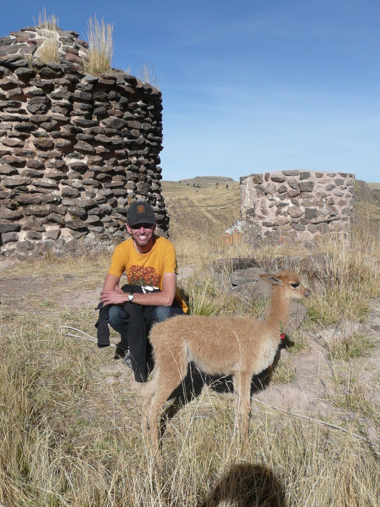 Richad and cute baby vicuna.  Funerary tower in the background.