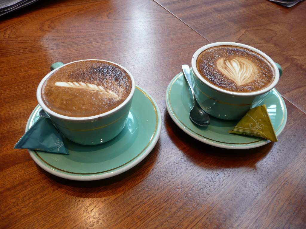 Two flat whites from our favorite coffee place, Mojo