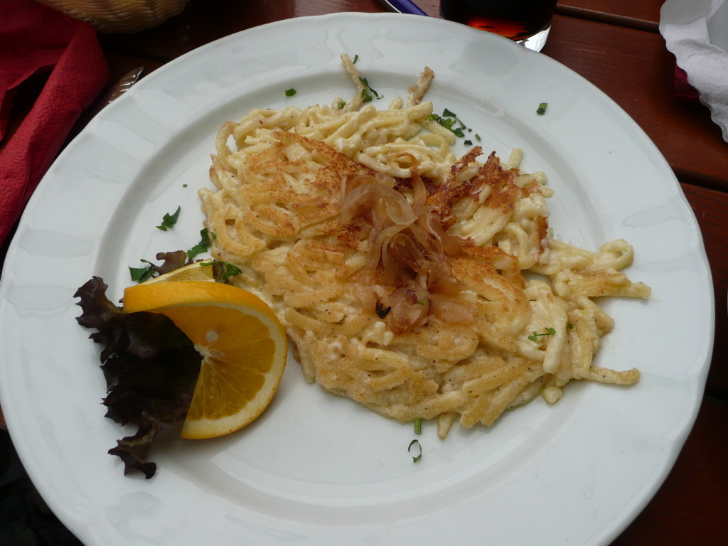 Spaetzl - traditional German grub: egg noodles with cheese and fried onion.