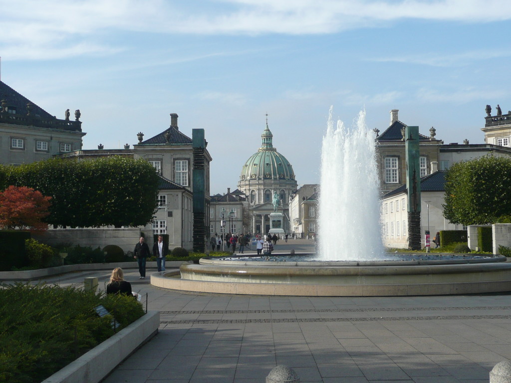 Beautiful view of the church, palace and fountain in Copenhagen.