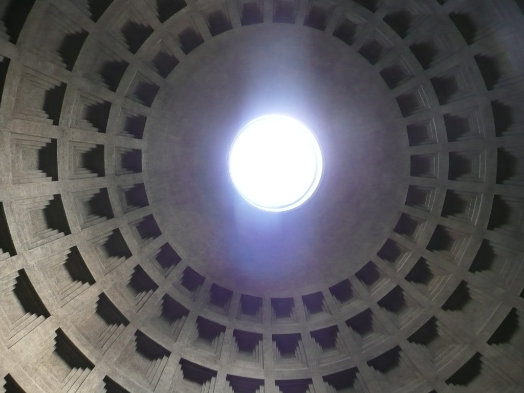 Inside dome of the Pantheon. Yes, rain does come through.